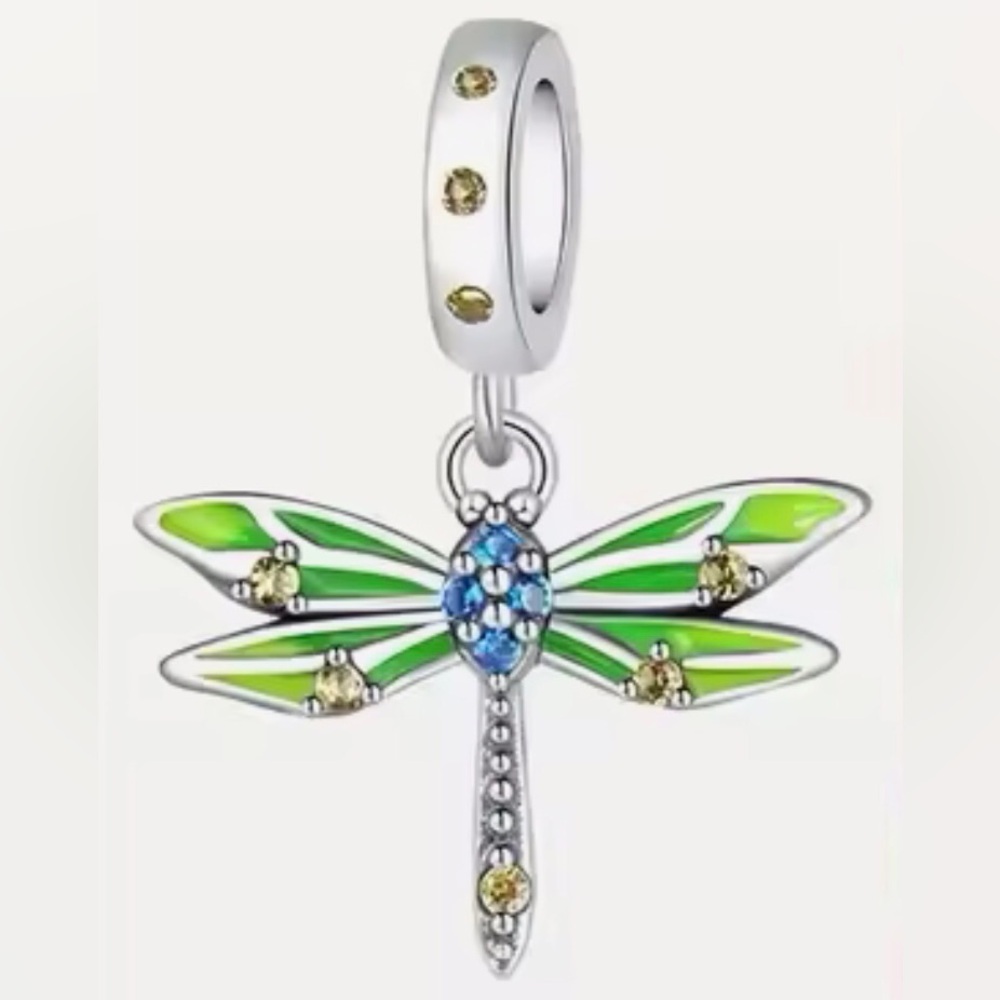 Bracelet Charm Dragonfly Green Wings with Rhinestones - Picture 2 of 7